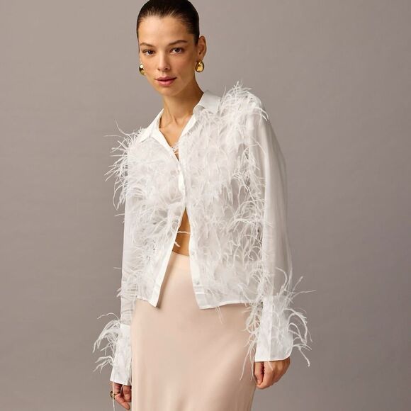 J.Crew Feather Embellished Button-Up White Shirt Size 8 Viscose Blouse - Picture 1 of 9